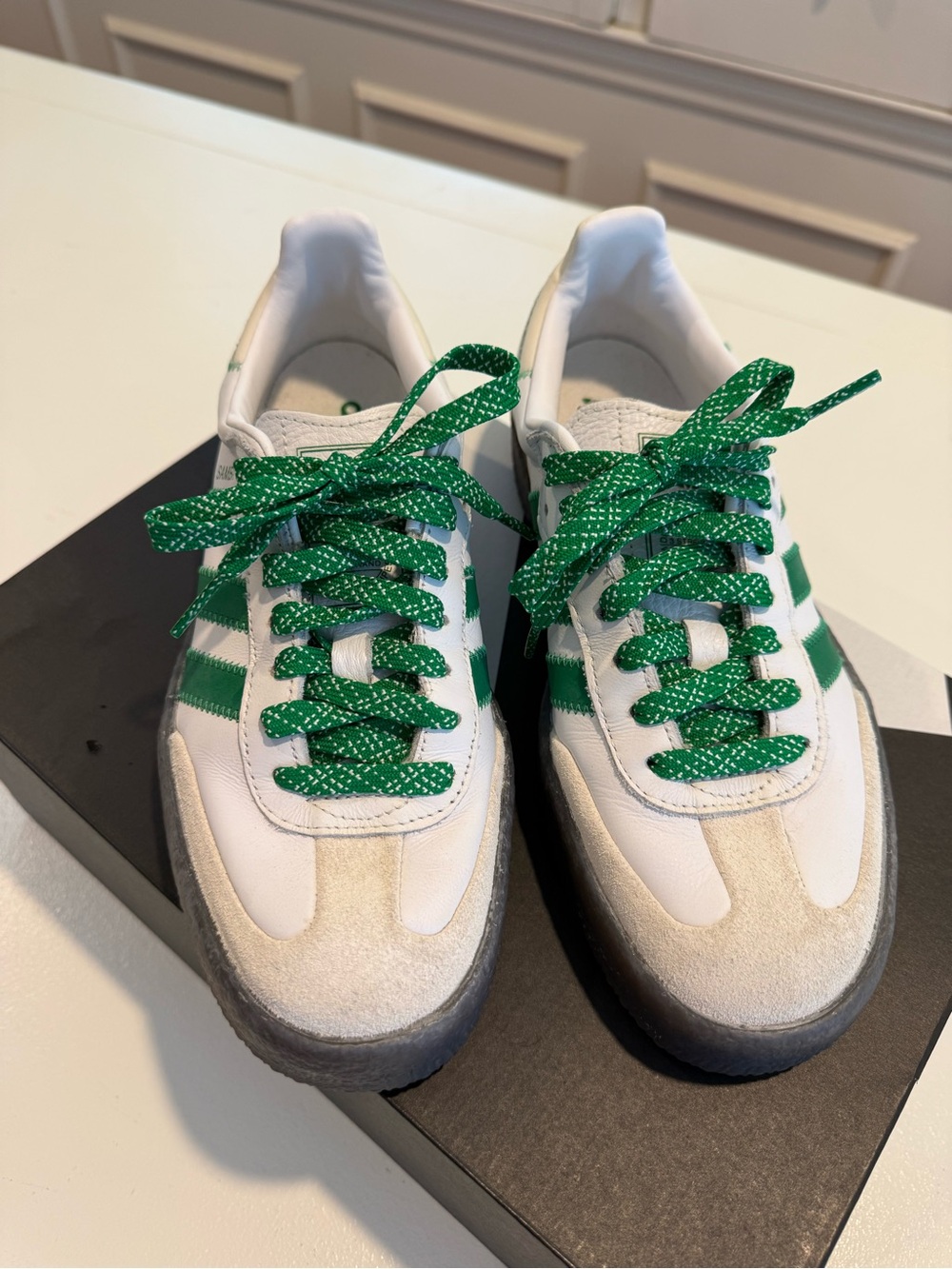 adidas Samba White Sneakers with Green Stripes and Laces 8 - Picture 2 of 9